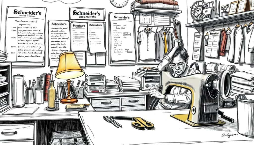 A neatly organized Schneider's workshop, the countertop showcasing an array of sewing tools and fabrics. A tailor sits at a vintage sewing machine, focused on their craft, casting a warm glow from the nearby desk lamp. The background features a bulletin board with customer contact information, invoices, and clothing samples, hinting at the business's operations. The scene is rendered in a soft, sketched style with a subtle touch of color accentuating key elements, capturing the essence of a local Schneider's online presence.