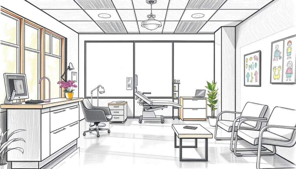 A neatly organized doctor's office interior, with a waiting area and examination room. Warm, natural lighting filters through large windows, casting a soft glow. In the foreground, a stylish receptionist's desk and modern seating arrangements. The middle ground features an examination table and medical equipment, rendered in a detailed pencil sketch with subtle color accents. The background showcases a cheerful wall display, perhaps of children's artwork or educational posters. The overall atmosphere is one of professionalism, care, and child-friendly comfort.