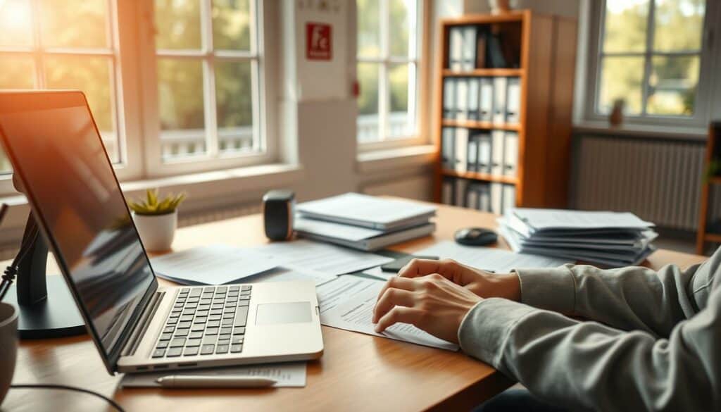 A neatly organized office interior with a desktop computer, documents, and office supplies. Warm, natural lighting casts a soft glow through large windows, creating a welcoming and productive atmosphere. A laptop rests on the desk, with various forms and application materials spread out, suggesting the process of preparing a funding application. The middle ground features a person's hands typing on the keyboard, focused on the task at hand. In the background, a bookshelf holds reference materials, hinting at the research and preparation involved in the funding request. The overall scene conveys the methodical and diligent nature of the Fördermittel Antragstellung process.