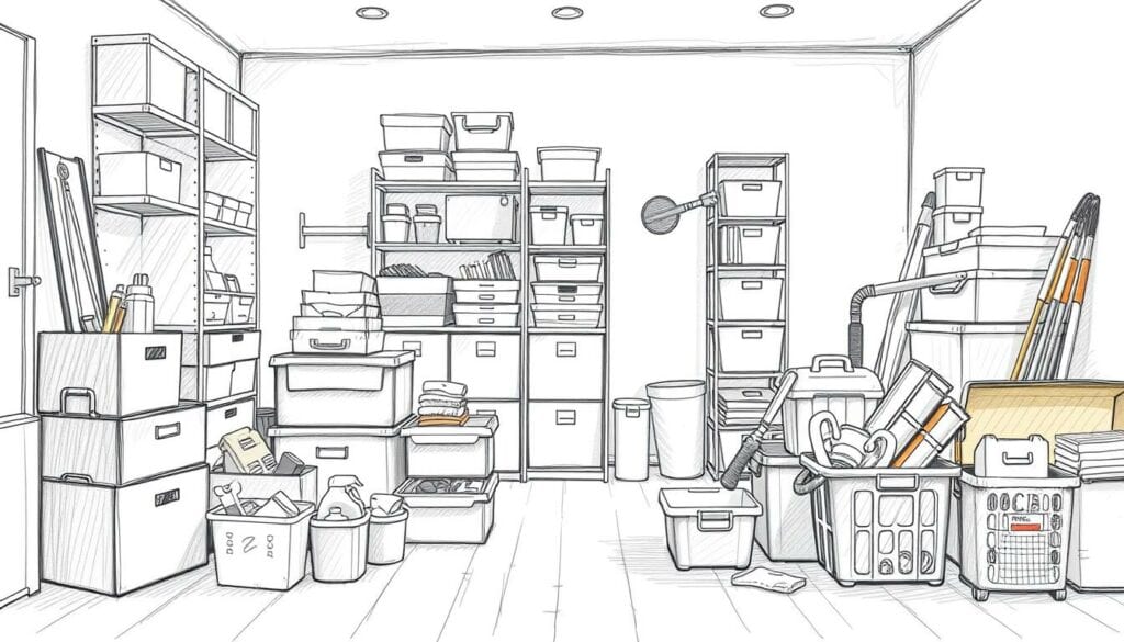 A neatly organized room with various helpful tools and containers, all rendered in a soft, pencil-sketch style with subtle pops of color. In the foreground, an array of boxes, bins, and cleaning supplies sit ready to assist with the decluttering process. The middle ground showcases specialized organizational items like shelves, racks, and storage units, while the background hints at a tranquil, uncluttered space, emphasizing the calm and efficiency of the additional services. Warm, gentle lighting casts a serene atmosphere, inviting the viewer to envision the effortless convenience of these supplementary offerings.
