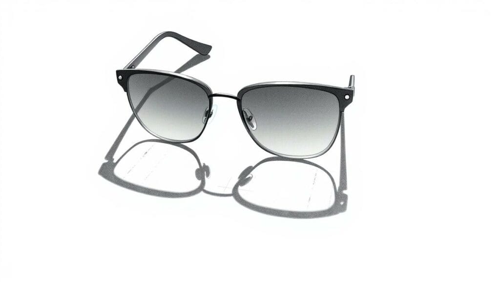 A pair of stylish sunglasses with a subtle, tinted lens sits atop a wooden table, casting a soft shadow on the surface. The frame is crafted from sleek, modern materials, with a minimalist design that exudes an air of sophistication. The lenses are slightly tinted, providing just enough protection from the sun's glare without obscuring the wearer's vision. The entire scene is rendered in a muted, pencil-sketch style, with a single, vibrant splash of color accentuating the sunglasses' unique details.