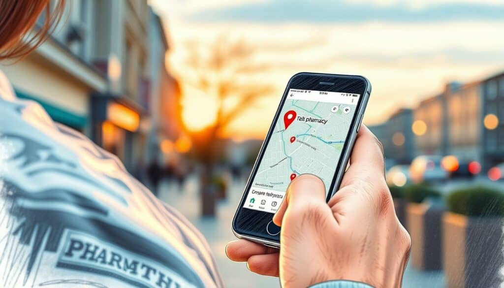 A person using a smartphone to search for a nearby pharmacy, the screen displaying a map with a location marker. The scene is rendered in a detailed pencil sketch style, with a muted color palette accenting key elements like the smartphone screen. The background is a softly blurred urban environment, hinting at the surrounding city. Warm lighting from the setting sun casts a gentle glow, creating an inviting and practical atmosphere for this everyday task of finding a local pharmacy.