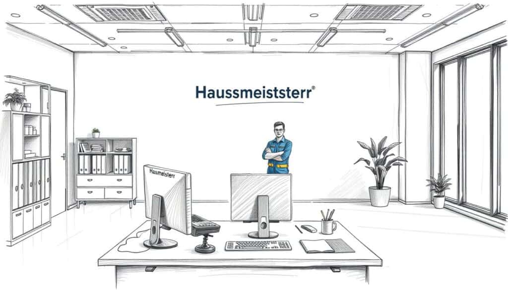 A pristine, neatly organized office space with a professional Hausmeisterservice logo on the wall. The scene is rendered in a detailed pencil sketch style, with subtle splashes of color highlighting key elements. In the foreground, a desk with a computer, phone, and office supplies sits in a well-lit, airy environment. The middle ground features a uniformed Hausmeisterservice worker, conveying a sense of reliable, attentive service. The background showcases a modern, minimalist interior design with large windows letting in natural light. The overall mood is one of efficiency, professionalism, and attention to detail, reflecting the high-quality Hausmeisterservice offered.