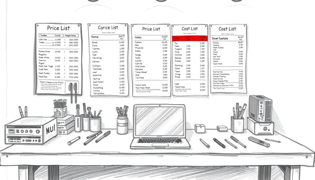 A pristine workbench with neatly organized tools and a laptop in the center, against a backdrop of transparent price lists and cost breakdowns meticulously displayed on the wall. Soft, directional lighting casts subtle shadows, accentuating the precision and clarity of the information. The scene exudes a sense of professionalism and transparency, inviting the viewer to explore the details of the computer repair service. The overall aesthetic is a hand-drawn pencil sketch with a single vibrant color accent, such as a bold red highlight on the price lists.