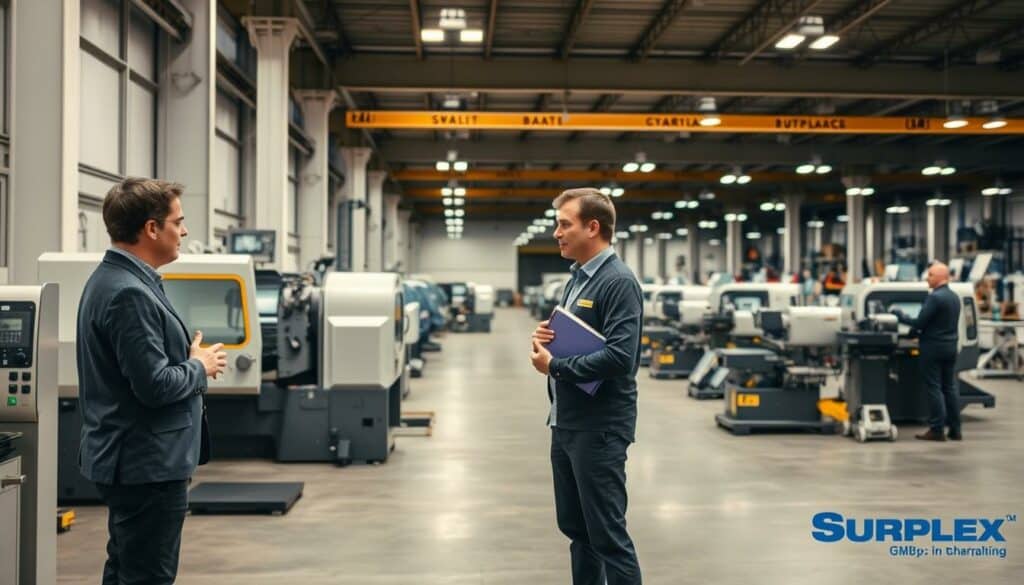 A professional and well-organized machinery sales process unfolds in a spacious industrial setting. In the foreground, a salesperson presents a used machine to a potential buyer, discussing its features and condition in detail. The middle ground showcases the machine's operation, with technicians performing maintenance and testing. In the background, a showroom displays a variety of refurbished machines, each meticulously organized and lit to showcase their quality. The scene conveys a sense of expertise, efficiency, and trust, reflecting the values of Surplex GmbH as a trusted partner for used industrial equipment.