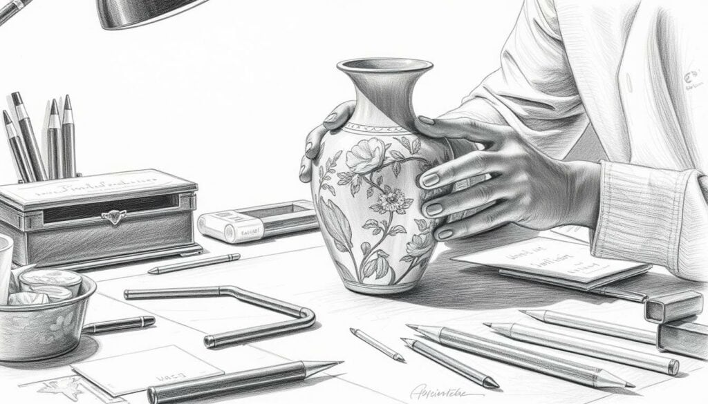 A professional art conservator examines an antique vase with a critical eye, their hands gently tracing the intricate details. The scene is captured in a photorealistic pencil sketch, with a muted color palette that highlights the delicate restoration process. The conservator's workspace is meticulously organized, with a range of specialized tools and materials laid out, ready to be utilized. The lighting is soft and directional, casting subtle shadows that accentuate the vase's contours. The overall atmosphere conveys a sense of precision, care, and reverence for the preservation of cultural heritage.