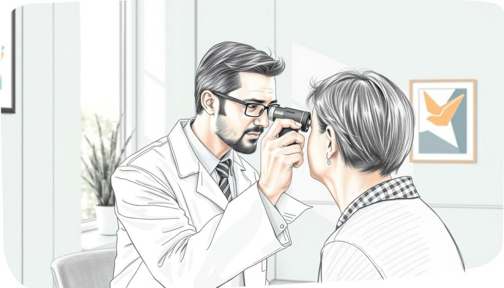 A professional audiologist, dressed in a crisp white lab coat, intently examines a patient's ear with a specialized otoscope. The clinic's minimalist decor, with clean lines and a soothing palette of grays and blues, creates a calming atmosphere. Soft natural light filters in, casting gentle shadows and highlighting the audiologist's focused expression. In the background, a subtle splash of color, perhaps a potted plant or a framed artwork, adds a touch of warmth to the scene. The image is rendered in a delicate pencil sketch style, with muted tones and a slight sepia hue, conveying a sense of expertise and care.
