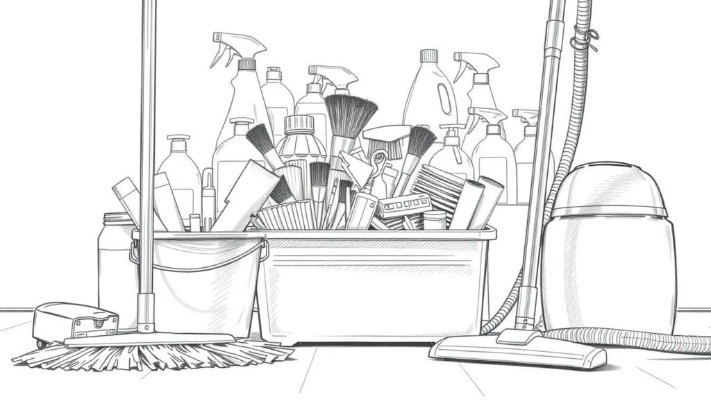 A professional cleaning service setup, featuring a variety of high-quality equipment and tools. In the foreground, a sturdy mop, a bucket filled with cleaning supplies, and a sleek vacuum cleaner with a long, flexible hose. In the middle ground, a caddy holding an assortment of brushes, sponges, and cleaning cloths, all neatly organized. The background showcases a selection of cleaning products, including spray bottles and containers of detergent, all with simple, modern packaging. The lighting is warm and natural, casting a soft glow on the scene. The overall tone is one of efficiency, professionalism, and attention to detail, captured in a minimalist, pencil-sketched style with a subtle touch of color.