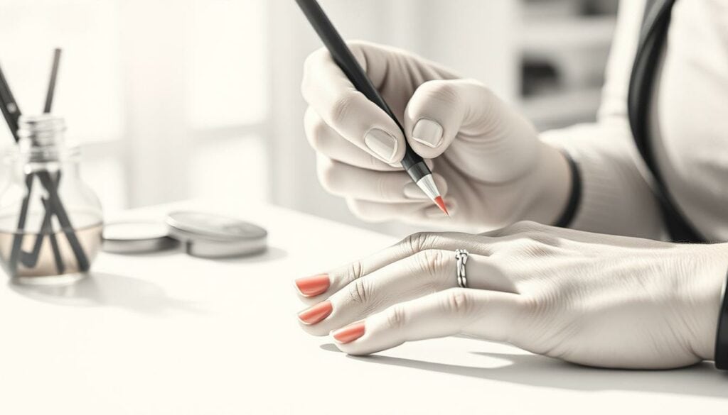 A professional manicurist carefully attending to a woman's neatly trimmed, expertly filed nails, applying a delicate touch of rose-tinted polish. Soft natural lighting illuminates the scene, casting a warm, serene ambiance. The fingers are positioned in the foreground, the background subtly blurred, emphasizing the intricate details of the nail care procedure. The composition is rendered in a pencil sketch style, with muted tones accentuated by a subtle splash of color on the polished nails, conveying the importance of meticulous, professional nail maintenance.