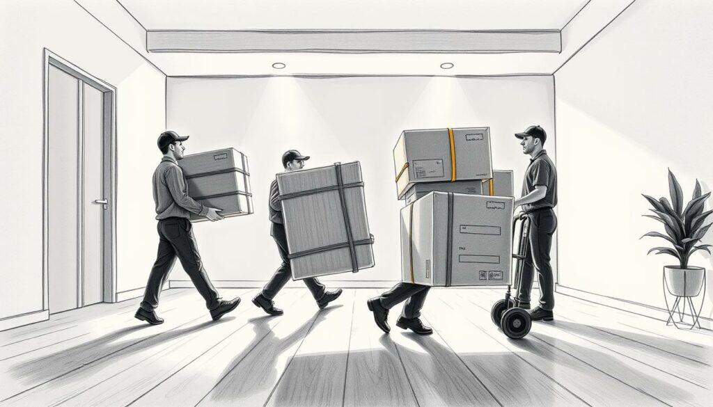 A professional moving crew carefully transporting furniture and boxes through a well-lit, spacious room. The workers wear uniforms and use specialized equipment like dollies and straps to efficiently move items. Soft shadows cast by warm overhead lighting create a sense of competence and organization. The background features neutral-toned walls and flooring, allowing the moving team's actions to take center stage. A subtle splash of color, perhaps a potted plant or accent piece, adds a touch of vibrancy to the otherwise monochrome scene, conveying the care and attention to detail of a professional moving service.