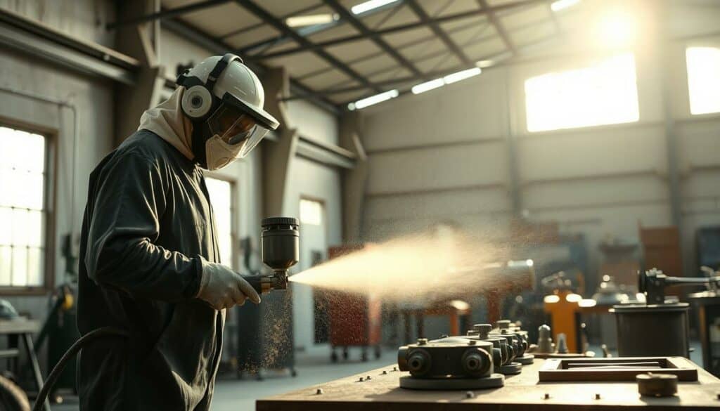 A professional sandblasting workshop set against a backdrop of a modern industrial facility. In the foreground, a skilled technician in protective gear carefully operates a sandblasting machine, the abrasive stream gently eroding the surface of a metal object. Muted sunlight filters through the windows, casting soft shadows across the scene. The middle ground features various sandblasting tools and equipment neatly arranged, conveying a sense of order and efficiency. In the background, the workshop's high ceilings and exposed beams suggest a well-equipped, state-of-the-art facility dedicated to providing high-quality sandblasting services. The overall atmosphere is one of professionalism, expertise, and attention to detail.