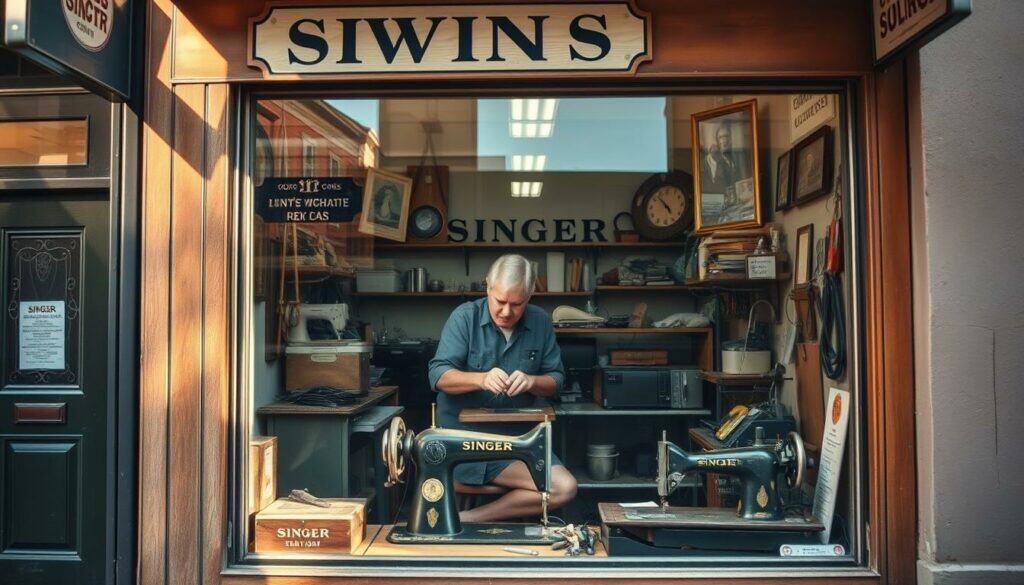 A quaint sewing machine repair shop nestled in a small town square, the storefront adorned with a vintage sign and weathered wooden panels. Through the large display windows, a middle-aged technician can be seen meticulously disassembling a classic Singer machine, surrounded by a cluttered workspace filled with spare parts, tools, and various sewing memorabilia. Soft natural light filters in, casting warm, inviting shadows across the scene. The calm, unhurried atmosphere evokes a sense of tradition and community, in contrast to the bustling city just beyond the quiet side street.