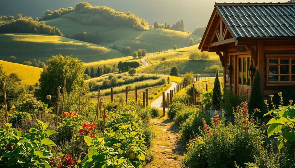 A serene and verdant landscape, bathed in warm, golden sunlight. In the foreground, a lush, thriving garden bursting with a vibrant array of organic produce and herbs. Amidst the greenery, a rustic wooden structure stands, its facade adorned with intricate carvings and natural materials, embodying the essence of sustainable living. In the middle ground, a winding path leads the viewer deeper into the scene, inviting exploration of this harmonious oasis. The background reveals rolling hills, dotted with clusters of trees, creating a sense of balance and connection with the natural world. The overall atmosphere exudes a sense of tranquility, mindfulness, and a deep appreciation for the earth's bounty, perfectly capturing the theme of "Nachhaltigkeit zeit".
