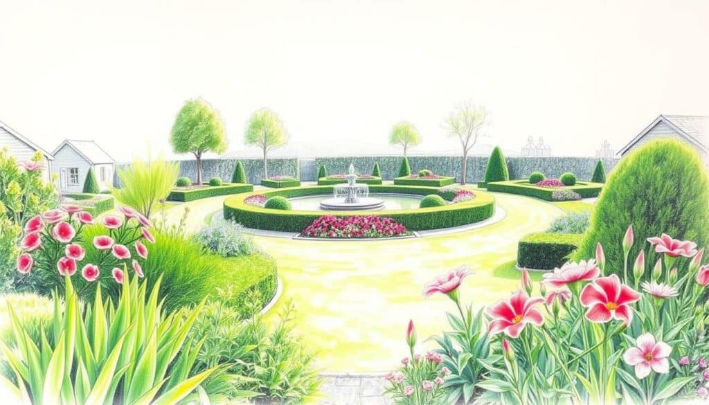 A serene garden landscape, showcasing the artistry and expertise of a skilled gardener. In the foreground, lush greenery and vibrant flowers in soft hues create a calming atmosphere. In the middle ground, neatly trimmed hedges and meticulously designed flowerbeds demonstrate the gardener's attention to detail. The background features a tranquil water feature, surrounded by a well-maintained lawn and a few strategically placed trees. The scene is depicted in a stylized, pencil-sketch aesthetic with subtle pops of color, capturing the essence of the gardener's craftsmanship and the beauty they have cultivated. The lighting is soft and natural, enhancing the serene ambiance.