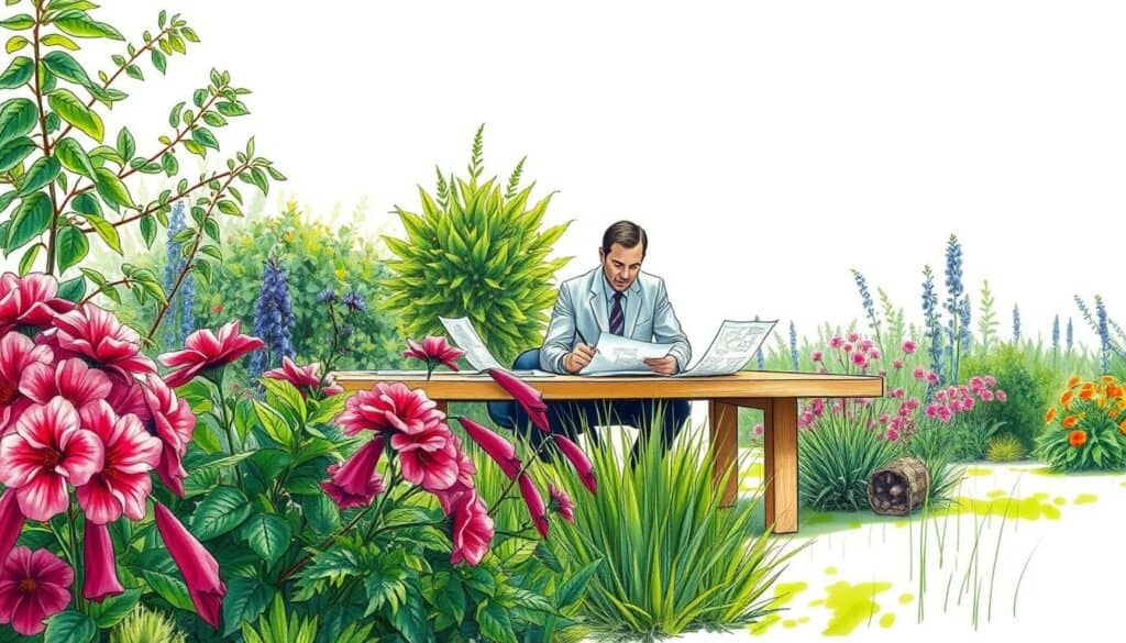 A serene garden scene with a team of experts gathered around a large table, poring over detailed plans and sketches. The foreground features lush greenery and vibrant blooms, creating a warm and inviting atmosphere. In the middle ground, the experts, clad in professional attire, are deep in discussion, their expressions focused and engaged. The background is rendered in a soft, muted palette, emphasizing the importance of the planning process. The image is presented in a stylized, hand-drawn aesthetic, with a subtle touch of color to accentuate key details. The overall composition conveys a sense of collaboration, expertise, and the excitement of crafting a dream garden.