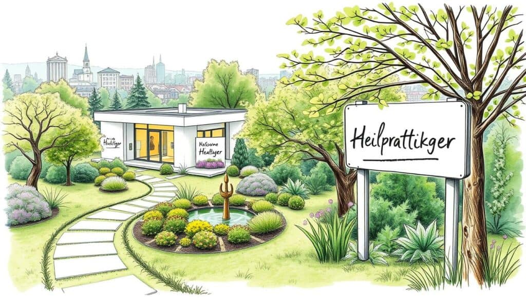 A serene healthcare clinic nestled in a verdant urban landscape, its exterior rendered in a soft, sketch-like aesthetic with a hint of vibrant color. The building's facade features clean lines and inviting entryways, subtly hinting at the alternative healing practices within. In the foreground, a path winds through a lush garden, dotted with native flora and a soothing water feature. The middle ground showcases a welcoming sign, its text rendered in a flowing, hand-drawn style, guiding visitors to the Heilpraktiker's offices. The background gently fades into a harmonious cityscape, underscoring the clinic's integration with the local community. The overall atmosphere conveys a sense of tranquility, balance, and a holistic approach to wellness.