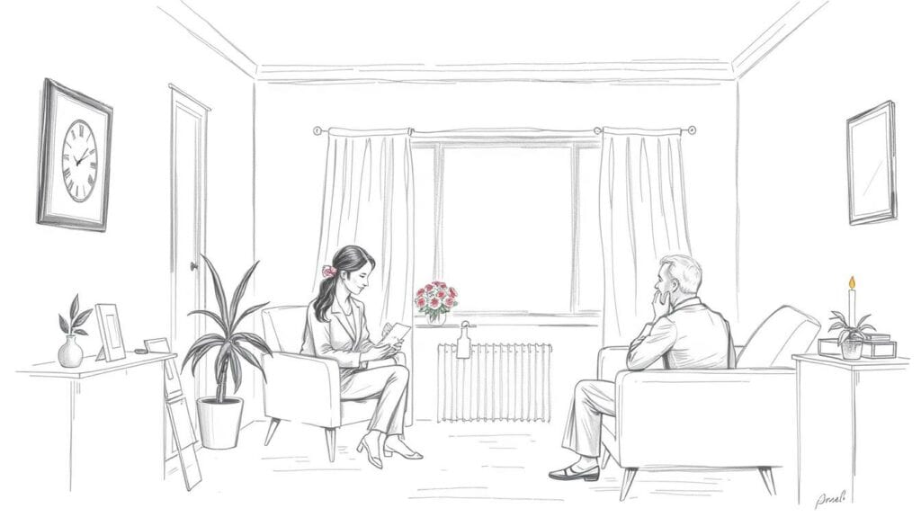 A serene, intimate scene of a funeral home's quiet space, where a compassionate grief counselor offers emotional support to a grieving family. Soft, muted tones in a pencil sketch style, with a single, delicate splash of color - perhaps a single rose or a candle flame - to evoke the solemnity and solace of the moment. The counselor's posture conveys empathy, their gaze steady and understanding, as they listen intently to the family, enveloping them in a comforting, safe environment. The room's furniture and decor are minimalist, allowing the focus to remain on the human connection. An atmosphere of quiet contemplation and dignified care pervades the scene.