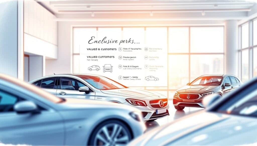 A serene, modern rental car showroom bathed in warm, natural light. The sleek, luxurious vehicles gleam in the foreground, their elegant lines and premium finishes subtly accentuated with a touch of color. In the middle ground, a display showcases exclusive perks and services for valued customers, rendered in a softly sketched, hand-drawn style. The background features a blurred cityscape, hinting at the convenience and freedom of on-demand mobility. An atmosphere of sophistication, comfort, and exceptional care for the customer pervades the scene.