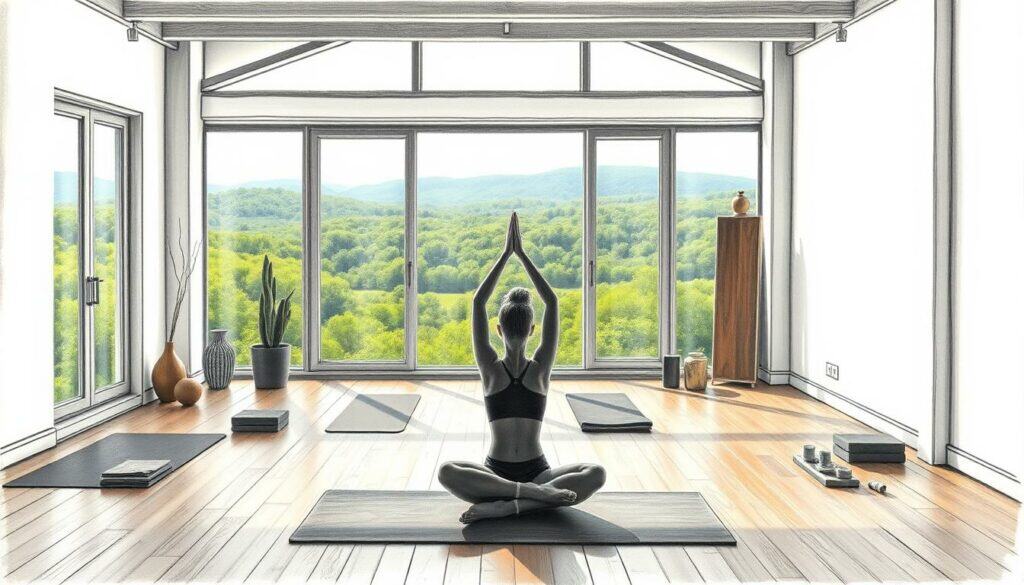A serene studio filled with natural light, hardwood floors, and a calming atmosphere. In the foreground, a person in a peaceful yoga pose, their body silhouetted in a soft charcoal outline. Surrounding them, various yoga accessories like mats, blocks, and straps, each with a subtle touch of color to highlight their purpose. In the background, a panoramic view of a lush, verdant landscape, conveying a sense of balance and tranquility. Warm, diffused lighting casts gentle shadows, creating a dreamlike quality. The overall scene radiates a sense of well-being, inviting the viewer to experience the physical and mental benefits of a regular yoga practice.
