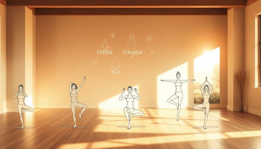 A serene yoga studio, bathed in warm, diffused lighting, with hardwood floors and minimalist decor. In the foreground, a collection of iconic yoga poses rendered in delicate pencil sketches, each complemented by a subtle splash of color to highlight their essence: the graceful tree pose, the powerful warrior, the peaceful child's pose. In the middle ground, wispy illustrations of various yoga styles float, such as Hatha, Vinyasa, and Yin, their forms softly intertwined. The background features a serene landscape, perhaps a tranquil garden or a sun-dappled forest, conveying a sense of harmony and balance. The overall aesthetic is one of understated elegance, inviting the viewer to imagine the transformative power of these beloved yoga practices.