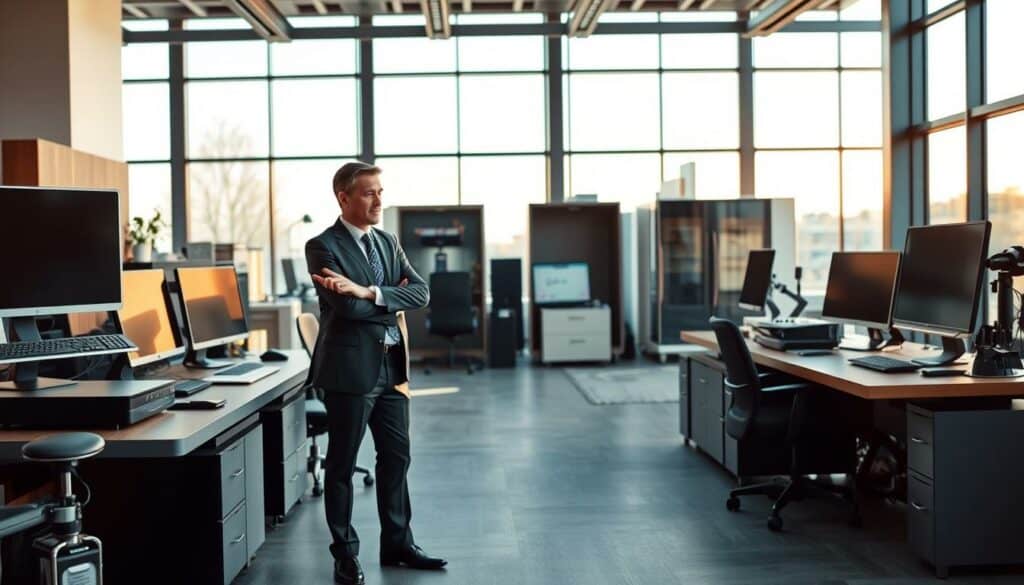 A sleek, modern office interior with a large desk and an array of state-of-the-art office equipment. In the foreground, a well-dressed business executive stands, gesturing towards the equipment while discussing the advantages of working with Surplex GmbH. The background features floor-to-ceiling windows, allowing natural light to flood the space and creating a warm, professional atmosphere. The scene conveys the efficiency, reliability, and expertise of Surplex GmbH in providing high-quality used machinery to its clients.
