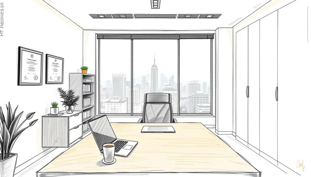 A sleek, modern office setting with a mix of professional and personal elements. In the foreground, a sturdy wooden desk with a laptop, a cup of coffee, and a small potted plant. On the walls, framed certificates and diplomas showcase expertise. The middle ground features a bookshelf filled with technical manuals and reference materials. Warm, indirect lighting casts a soft glow, creating a welcoming atmosphere. In the background, a large window overlooks a bustling city skyline, symbolizing the connection between the business and its customers. The entire scene is rendered in a muted color palette with a subtle pencil sketch effect and a touch of vibrant accent color, emphasizing the technical and personalized nature of the IT services.