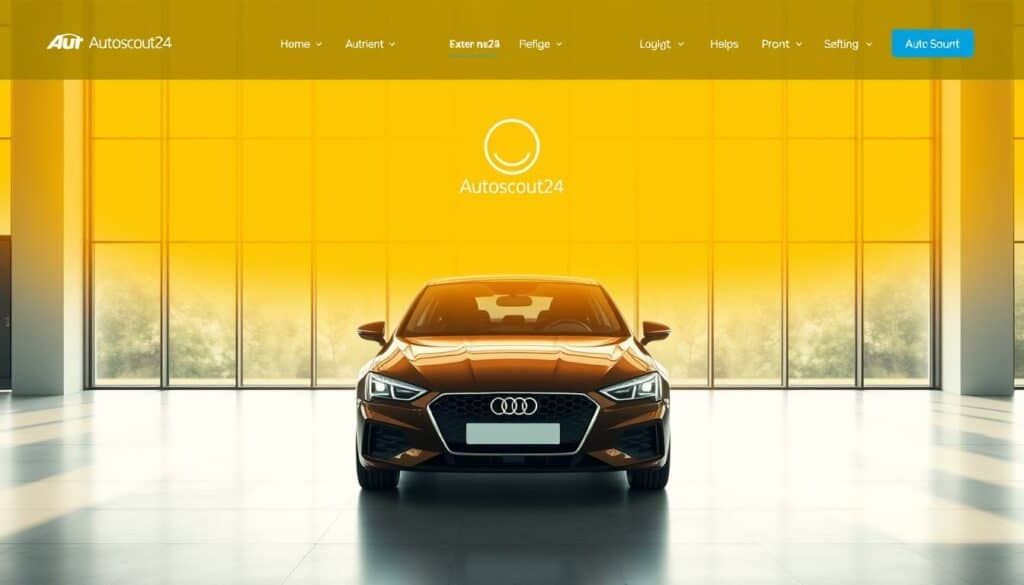A sleek, modern website interface showcasing the Autoscout24 brand and the "Autoscout24 smyle" online car buying experience. In the center, a prominently displayed car model takes up the foreground, its glossy exterior illuminated by natural daylight flooding in through large windows in the background. The layout is clean and uncluttered, with minimal UI elements that guide the user through the online car purchase journey. Warm, friendly colors and a subtle smile icon convey the convenience and simplicity of the "Autoscout24 smyle" concept. The overall scene radiates a sense of confidence, trust and a seamless digital car buying process. A sleek, modern website interface showcasing the Autoscout24 brand and the "Autoscout24 smyle" online car buying experience. In the center, a prominently displayed car model takes up the foreground, its glossy exterior illuminated by natural daylight flooding in through large windows in the background. The layout is clean and uncluttered, with minimal UI elements that guide the user through the online car purchase journey. Warm, friendly colors and a subtle smile icon convey the convenience and simplicity of the "Autoscout24 smyle" concept. The overall scene radiates a sense of confidence, trust and a seamless digital car buying process.