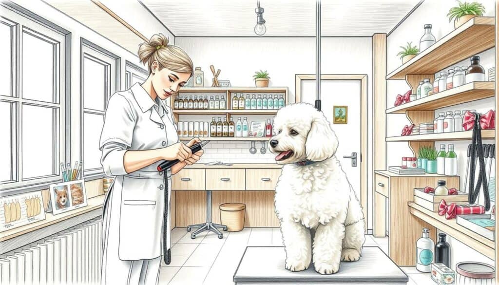 A small, cozy dog grooming salon with a warm, inviting atmosphere. In the foreground, a skilled dog groomer dressed in a crisp white uniform carefully trims the fluffy coat of a well-behaved poodle, using high-quality grooming tools. The middle ground features shelves stocked with organic shampoos and conditioners, as well as an array of colorful bows and accessories. The background showcases a minimalist, Scandinavian-inspired interior design, with natural wood accents and large windows that let in soft, diffused lighting. The overall scene conveys a sense of professionalism, attention to detail, and genuine care for the canine clientele. The image is rendered in a muted color palette, with a subtle, colored pencil-like texture to create a hand-drawn, artisanal aesthetic.