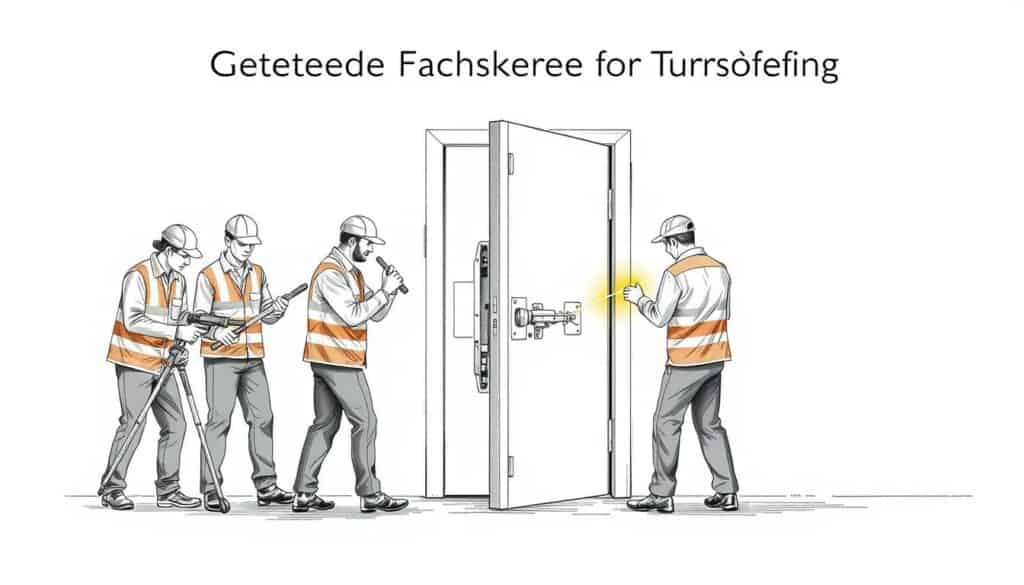 A sophisticated technical illustration depicting a team of certified professionals expertly handling a door opening task. The scene is rendered in a clean, technical style with a muted color palette, featuring a slight touch of vibrant color to draw the eye. The foreground showcases the skilled technicians at work, wielding specialized tools and utilizing their extensive expertise. The middle ground highlights the intricate mechanisms of the door lock, conveying the complexity and importance of their work. The background sets the scene in a calm, controlled environment, emphasizing the precision and care taken during the process. Overall, the image conveys a sense of professionalism, quality, and safety, reflecting the high standards of the "Geprüfte Fachkräfte für Türöffnung" and the "Qualität und Sicherheit garantiert" theme.