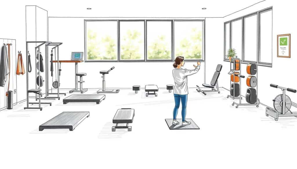 A sports physiotherapy clinic with a warm, welcoming atmosphere. In the foreground, a physiotherapist guides a client through gentle exercises, using their expertise to aid the athlete's recovery. The middle ground showcases various rehabilitation equipment, from balance boards to resistance bands, all meticulously arranged. The background depicts a serene, sun-drenched room with large windows, casting a soft, natural light across the scene. The image is rendered in a charming, hand-drawn style, with a muted color palette, save for a vibrant accent of a single, carefully chosen hue that draws the eye to the most important elements.