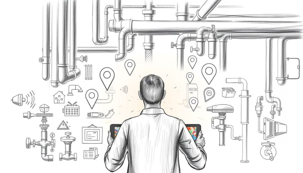A stylized pencil sketch of a person searching for a local plumber or heating technician on a tablet or smartphone. The figure is placed in the foreground, surrounded by technical diagrams and icons related to plumbing and HVAC systems. The middle ground features a partially visible map with location markers, while the background has a muted, industrial atmosphere with pipes, valves, and subtle hints of a residential setting. The overall color palette is predominantly monochromatic, with a small splash of a warm accent color, such as a highlighted detail or UI element on the digital device.