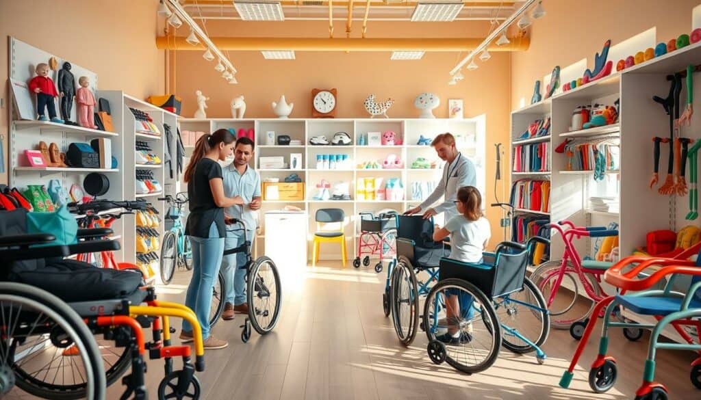 A sunny, warm-lit interior of a specialized children's medical supply store, showcasing a variety of colorful, ergonomic wheelchairs, walkers, and mobility aids designed for young patients. The foreground features a team of caring professionals assisting a family with selecting the appropriate equipment. The middle ground displays neatly organized shelves stocked with an array of specialized pediatric medical devices, prosthetics, and rehabilitation tools. The background depicts a welcoming, inviting atmosphere with child-friendly decor and soothing pastel tones, conveying a sense of comfort and care. The overall scene captures the essence of a specialized Sanitätshaus catering to the unique needs of children.