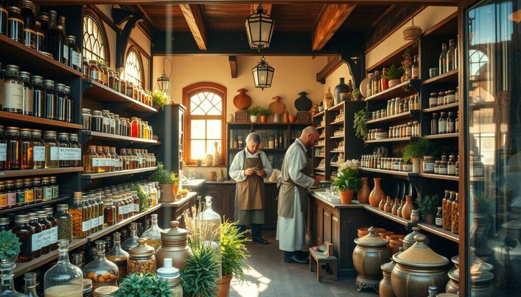A traditional German apothecary storefront, showcasing a vibrant display of herbal remedies and natural health products. The foreground features handcrafted glass bottles, earthenware jars, and wooden shelves brimming with an assortment of botanical tinctures, salves, and powders. Sunlight streams through leaded glass windows, casting a warm, golden glow over the scene. In the middle ground, a skilled herbalist in period attire carefully measures and packages the "Heilarzneihaus" offerings. The background reveals a cozy, old-world interior with beamed ceilings, aged wooden floors, and the faint aroma of herbs and spices. An atmosphere of authenticity, tradition, and a reverence for natural healing pervades the image.