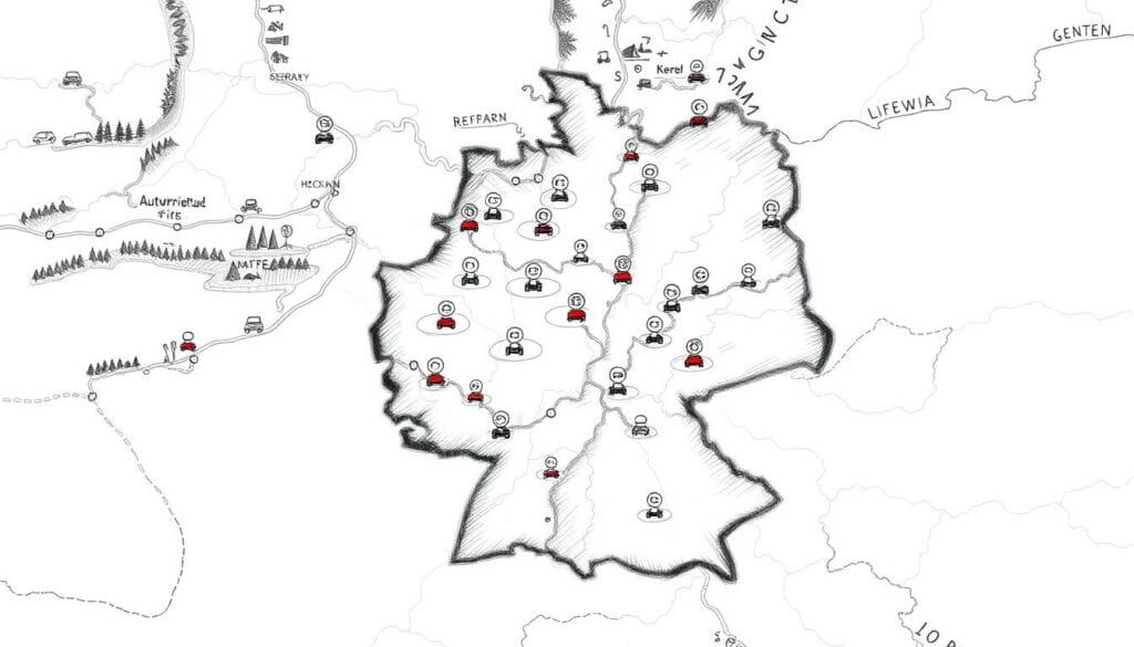A vibrant map showcasing the network of Autovermietung (car rental) locations across Germany, rendered in a refined pencil sketch style with subtle pops of color. The foreground depicts the major cities and towns, each marked by a distinct icon representing the rental services available. The middle ground features winding roads connecting these hubs, while the background subtly depicts the diverse regional landscapes - rolling hills, dense forests, and glimmering coastlines. The overall composition conveys a sense of accessibility, mobility, and the ease of finding a nearby rental option, perfectly suited to illustrate the section on "Autovermietung in der Nähe: Standorte und Verfügbarkeit".