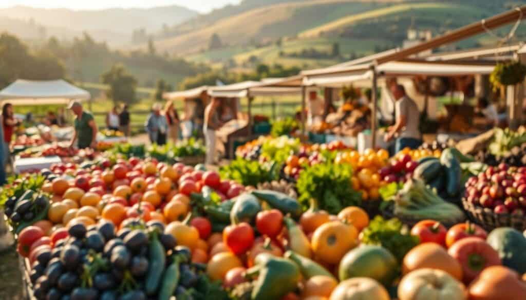 A vibrant outdoor farmers' market, brimming with fresh, locally-sourced produce. In the foreground, a bountiful display of seasonal fruits and vegetables, their colors and textures inviting the viewer to reach out and touch them. In the middle ground, local artisanal vendors offering handcrafted goods, from fragrant breads to artisanal cheeses. The background showcases the rolling hills and lush greenery of the surrounding countryside, bathed in warm, golden sunlight that casts a soft, natural glow over the entire scene. The atmosphere is one of community, sustainability, and a deep appreciation for the bounty of the local land.
