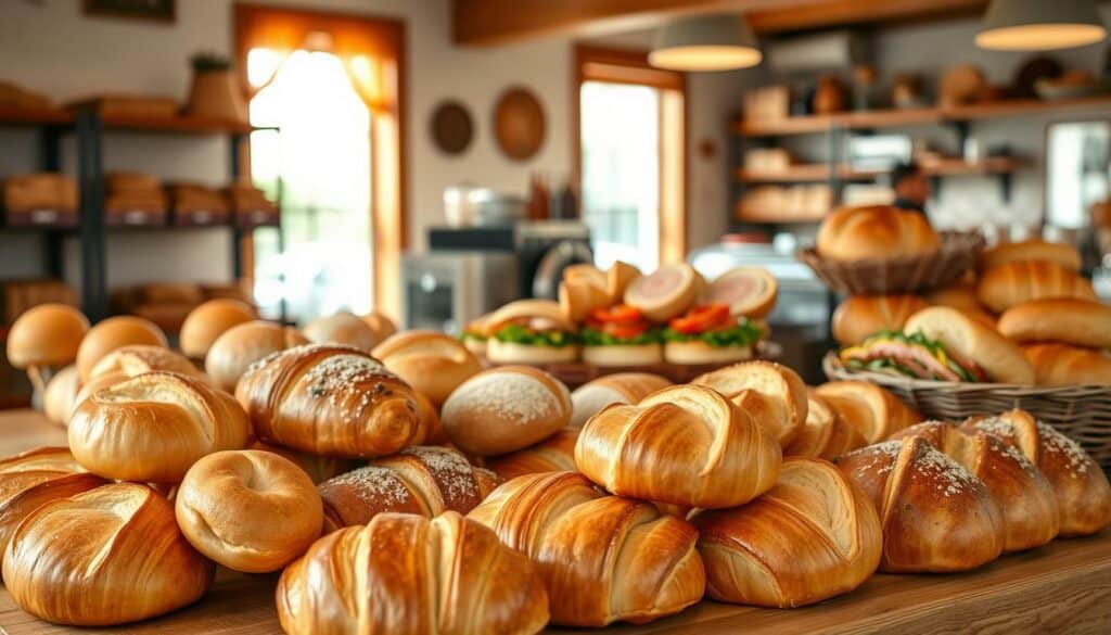 A warm, cozy bakery display showcasing an array of freshly baked pastries and breads. In the foreground, an assortment of golden-crusted rolls, flaky croissants, and soft brioche buns are artfully arranged on a wooden counter. The middle ground features a selection of savory sandwiches with delicately sliced meats and vibrant vegetables, inviting the viewer to envision a delightful breakfast experience. The background is bathed in soft, natural lighting filtering through large windows, creating a welcoming and inviting atmosphere. The scene exudes a sense of quality, craftsmanship, and the comforting aroma of a neighborhood bakery. A warm, cozy bakery display showcasing an array of freshly baked pastries and breads. In the foreground, an assortment of golden-crusted rolls, flaky croissants, and soft brioche buns are artfully arranged on a wooden counter. The middle ground features a selection of savory sandwiches with delicately sliced meats and vibrant vegetables, inviting the viewer to envision a delightful breakfast experience. The background is bathed in soft, natural lighting filtering through large windows, creating a welcoming and inviting atmosphere. The scene exudes a sense of quality, craftsmanship, and the comforting aroma of a neighborhood bakery.