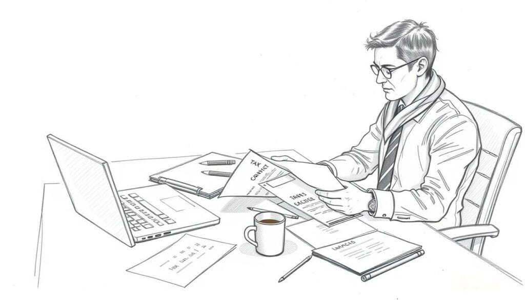 A warm-toned, close-up pencil sketch of a business meeting between a client and a tax consultant. The client, smartly dressed, sits across a desk from the consultant, a pensive expression on their face as they review financial documents together. The desk is cluttered with scattered papers, a laptop, and a cup of coffee, creating a sense of a productive, collaborative session. The background is softly blurred, placing the focus on the individuals' interaction. A subtle splash of color, perhaps in the consultant's tie or the client's scarf, adds a touch of vibrancy to the otherwise muted palette. The overall mood is one of thoughtful, professional engagement.