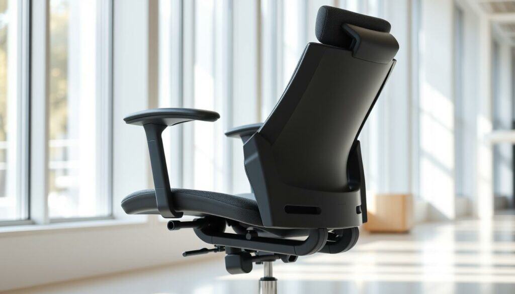 A well-designed ergonomic office chair with padded armrests, a supportive headrest, and an adjustable footrest. The chair is positioned in a bright, modern office setting with natural lighting filtering in through large windows. The chair's sleek, minimalist design blends seamlessly with the contemporary decor. The armrests provide a comfortable resting place for the user's arms, the headrest offers neck and upper back support, and the footrest allows for proper leg positioning and weight distribution. The overall scene conveys a sense of comfort, productivity, and thoughtful consideration for the user's physical well-being.