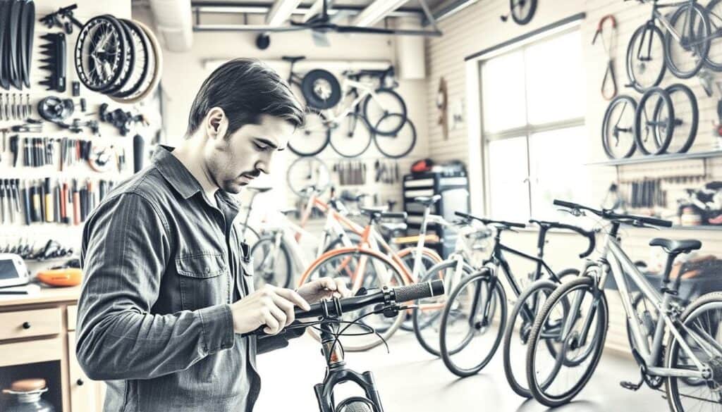 A well-equipped professional bicycle repair shop in a warm, inviting atmosphere. The workshop is flooded with natural light, showcasing an array of high-quality tools and parts neatly organized on the walls. In the foreground, a skilled mechanic carefully examines a bicycle, their face in concentration. The middle ground features various bicycle models, each with a subtle color accent, suggesting the wide range of services offered. The background is softly blurred, creating a sense of depth and focus on the workshop's activities. The overall aesthetic is a refined pencil sketch with delicate shading, capturing the expertise and attention to detail of this professional bicycle service.