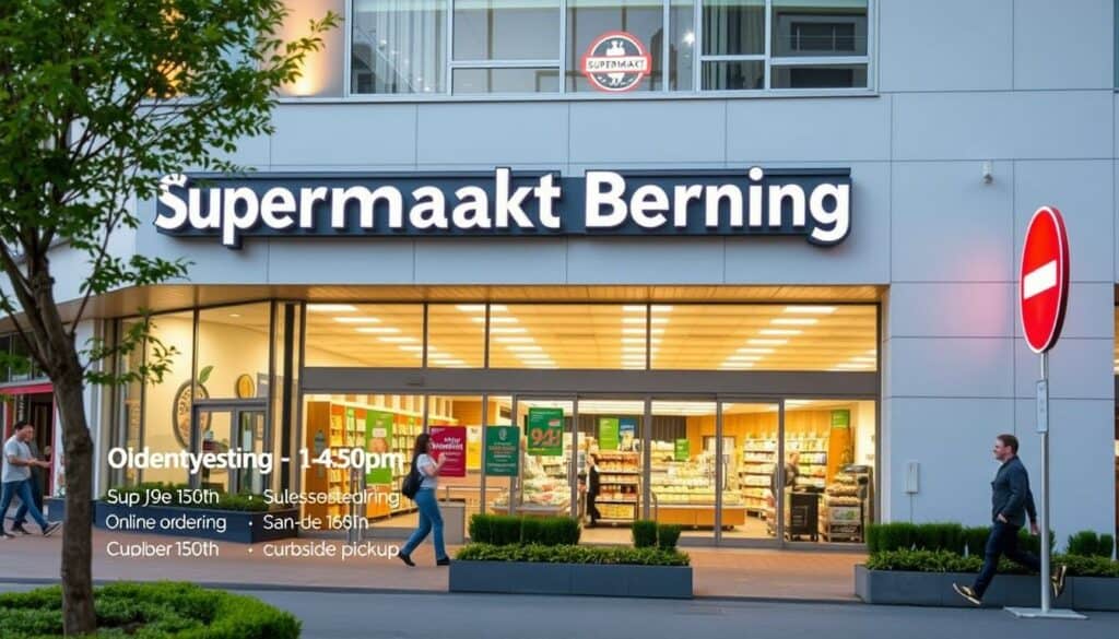 A well-lit, high-resolution photograph of the Supermarkt Berning storefront, featuring the exterior facade with the store signage prominently displayed. The building has a clean, modern design with large windows allowing natural light to flood the interior. The scene includes the surrounding area, with neatly landscaped greenery and a few pedestrians passing by, conveying a welcoming, community-focused atmosphere. The image captures the store's operating hours and available services, such as online ordering and curbside pickup, in a clear and informative manner to highlight the convenience and accessibility of the supermarket.