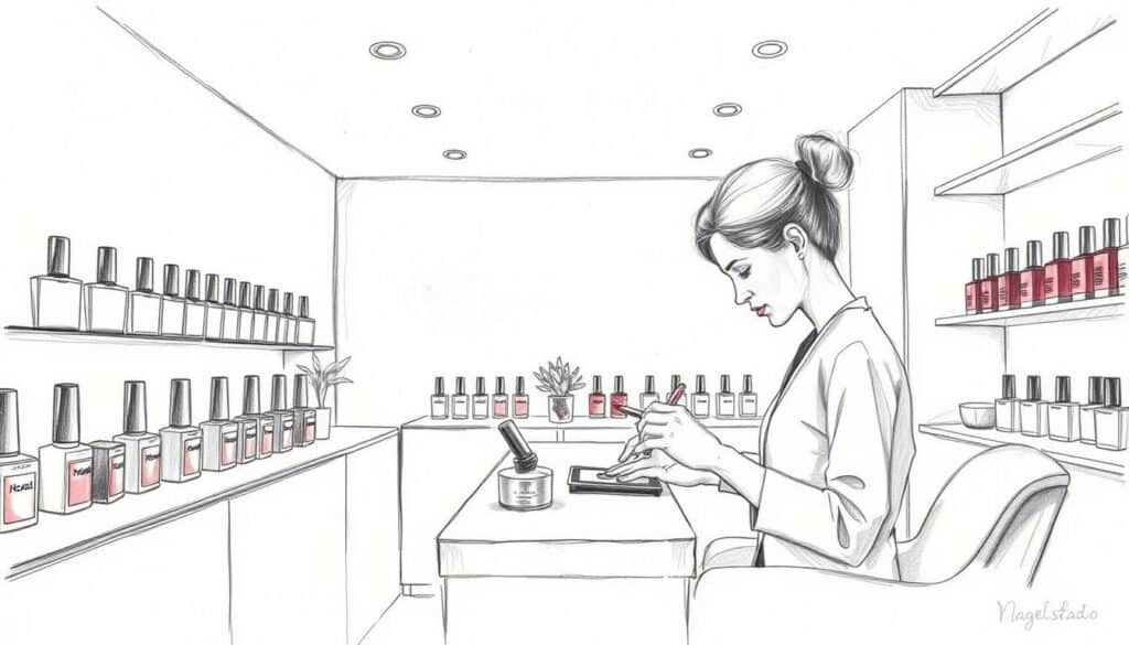 A well-lit nail studio with a minimalist, elegant interior. A professional manicurist works intently, her hands delicately shaping and polishing nails. Sleek, modern nail polish bottles line the shelves, casting soft, diffused light. The overall scene is captured in a realistic pencil sketch, with a subtle pop of color highlighting the nail polish hues. The atmosphere conveys a sense of focused expertise and tranquil indulgence, reflecting the artistry and care of the "Nagelstudio" experience.