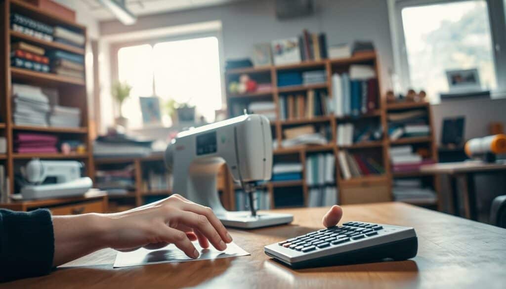 A well-lit office setting, the focal point being a wooden desk with a sewing machine and a calculator. In the foreground, a person's hands carefully weighing the cost-benefit analysis of repairing the machine versus purchasing a new one. The background features shelves filled with sewing supplies, bolts of fabric, and other related items, creating a warm, professional atmosphere. The lighting is a combination of natural light streaming through windows and soft, diffused overhead lighting, casting a contemplative glow on the scene. The overall mood is one of thoughtful consideration, as the person evaluates the economic factors of their sewing machine repair decision.