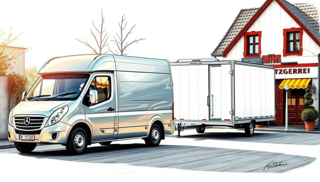 A well-maintained, gleaming food truck stands prominently in the foreground, its silver exterior reflecting the warm sunlight. In the middle ground, a sleek, white refrigerated trailer stands ready to transport fresh, locally-sourced meats and delicacies. The background features a quaint, charming Metzgerei (butcher shop), its facade adorned with a subtle, colored accent, creating a sense of traditional craftsmanship. The scene is rendered in a captivating pencil sketch style, with just a touch of color to highlight the key elements. The overall atmosphere conveys a sense of professionalism, attention to detail, and a commitment to providing high-quality, regional food specialties.