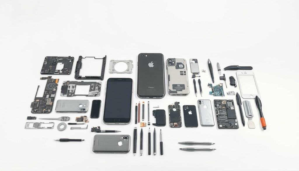 A well-organized collection of high-quality smartphone spare parts neatly displayed on a minimalist white table, bathed in soft, directional lighting that accentuates their sleek, precision-engineered forms. The parts, rendered in a muted color palette with a hint of warm metallic tones, are presented in a clean, transparent manner, conveying a sense of quality, reliability, and attention to detail. The overall composition suggests a professional, trustworthy repair service, where customers can expect exceptional workmanship and genuine components. The scene is captured in a detailed pencil sketch style, with a subtle splash of color to draw the eye towards the key elements.