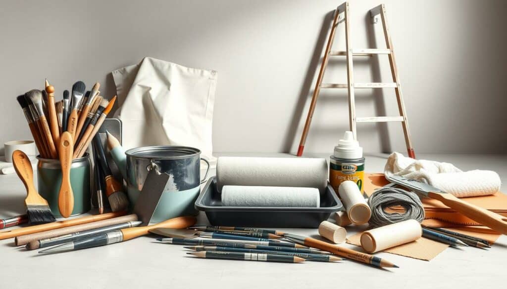 A well-organized still life scene of painting materials, with a focus on quality tools and supplies. In the foreground, an array of high-quality brushes, rollers, and trays in a muted color palette. The middle ground features an open can of paint, tubes of acrylic, and a selection of spackle knives and sandpaper. In the background, a pair of sturdy ladders and a drop cloth set the stage for a professional renovation project. The lighting is soft and diffused, casting gentle shadows that accentuate the textures. The overall atmosphere is one of thoughtful preparation, with each item carefully chosen to ensure a successful, high-quality painting job.