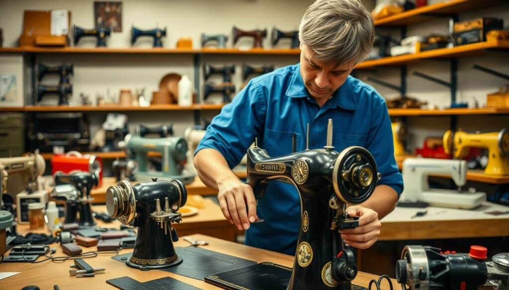A workshop interior showcasing a professional sewing machine repair process. In the foreground, a technician in a blue uniform closely inspects the intricate mechanisms of a vintage sewing machine, their hands deftly wielding precision tools. The mid-ground features an organized workbench with an assortment of sewing machine parts, lubricants, and specialized equipment. In the background, shelves display a variety of sewing machines awaiting repair, creating a sense of a well-equipped, experienced workshop. Soft, directional lighting illuminates the scene, casting subtle shadows that emphasize the technical expertise and care required for this delicate reparation work. The overall atmosphere conveys the importance of skilled, localized sewing machine repair services.