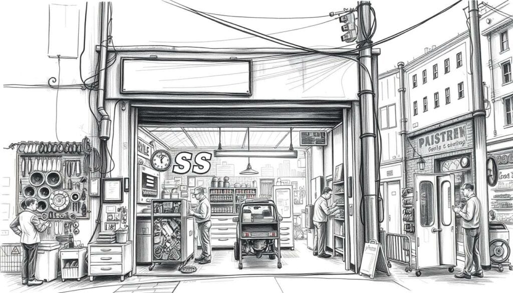 An auto repair shop nestled in a vibrant urban landscape, its facade adorned with a subtle hint of color amidst the monochrome backdrop. Sunlight filters through the windows, casting a warm glow upon the mechanics hard at work, each gesture and tool meticulously rendered in a realistic yet stylized pencil sketch. The scene captures the essence of a reliable, trustworthy establishment, where customers can find the perfect solution for their automotive needs. The middle ground features a well-stocked inventory of spare parts and accessories, while the background showcases the bustling city streets, hinting at the accessibility and convenience of this neighborhood auto workshop.
