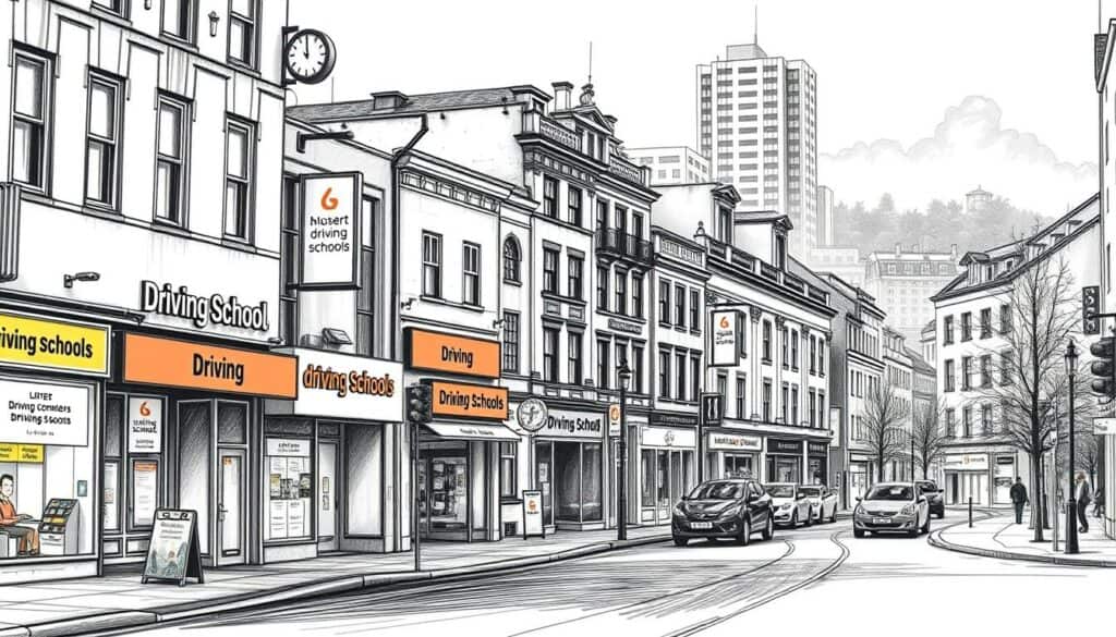 An detailed illustration of a city street lined with various driving schools, depicted in a charcoal drawing style with subtle pops of color. The foreground features the distinct signage and branding of several driving schools, capturing the essence of a vibrant, convenient learning environment. The middle ground showcases the architectural diversity of the buildings, from modern storefronts to historic structures, creating a visually interesting streetscape. In the background, a softly blurred urban landscape sets the scene, hinting at the broader context of the city. The overall mood is one of professionalism, accessibility, and a sense of possibility for aspiring drivers.