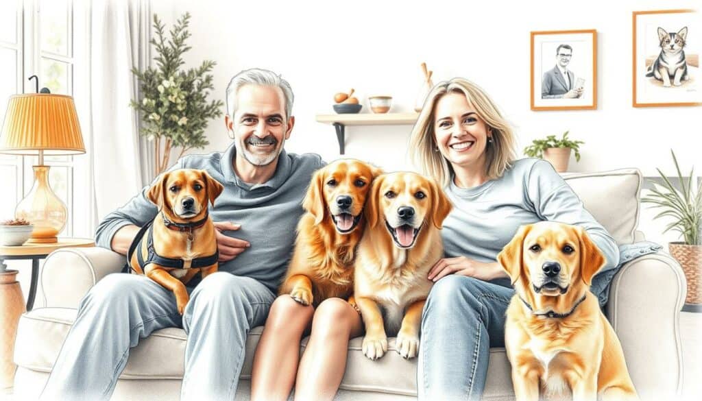 Content-focused, happy pet owners sitting in a cozy, light-filled living room, their beloved furry companions by their side. The scene is rendered in a delicate pencil sketch style, with pops of warm color highlighting the joyful expressions on the faces of both human and animal subjects. The composition features a balance of foreground, middle-ground, and background elements, drawing the viewer's attention to the affectionate bond between the pet owners and their pets. The overall mood is one of contentment, comfort, and cherished companionship.
