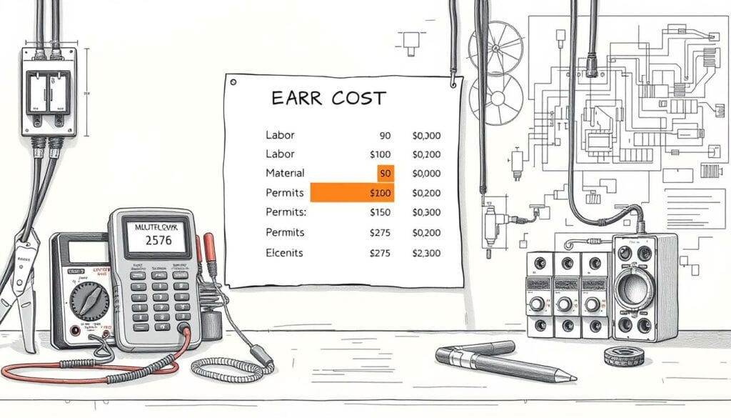 Detailed technical illustration of electrical work costs, presented in a muted color palette. A sleek, modern workspace with various electrical components and tools in the foreground, including a multimeter, wire strippers, and a circuit breaker. In the middle ground, a neatly organized list of cost factors such as labor, materials, and permits, highlighted with a subtle pop of color. The background features technical diagrams and schematics, rendered in a technical, engineering-inspired style. Lighting is soft and directional, emphasizing the precision and attention to detail. The overall mood is informative and professional, reflecting the practical nature of the subject matter.